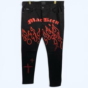 Mackeen Gothica Jeans Men's Skinny Slim Fit Black Flames 36x34